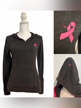 Marika Charcoal Gray Athletic Hooded Pullover with Pink Ribbon Accent Women’s Sm